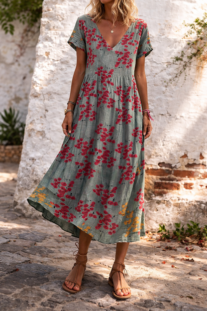 Maxikleid aus Baumwolle mit Blumenmuster und V-Ausschnitt von Andrea Serena