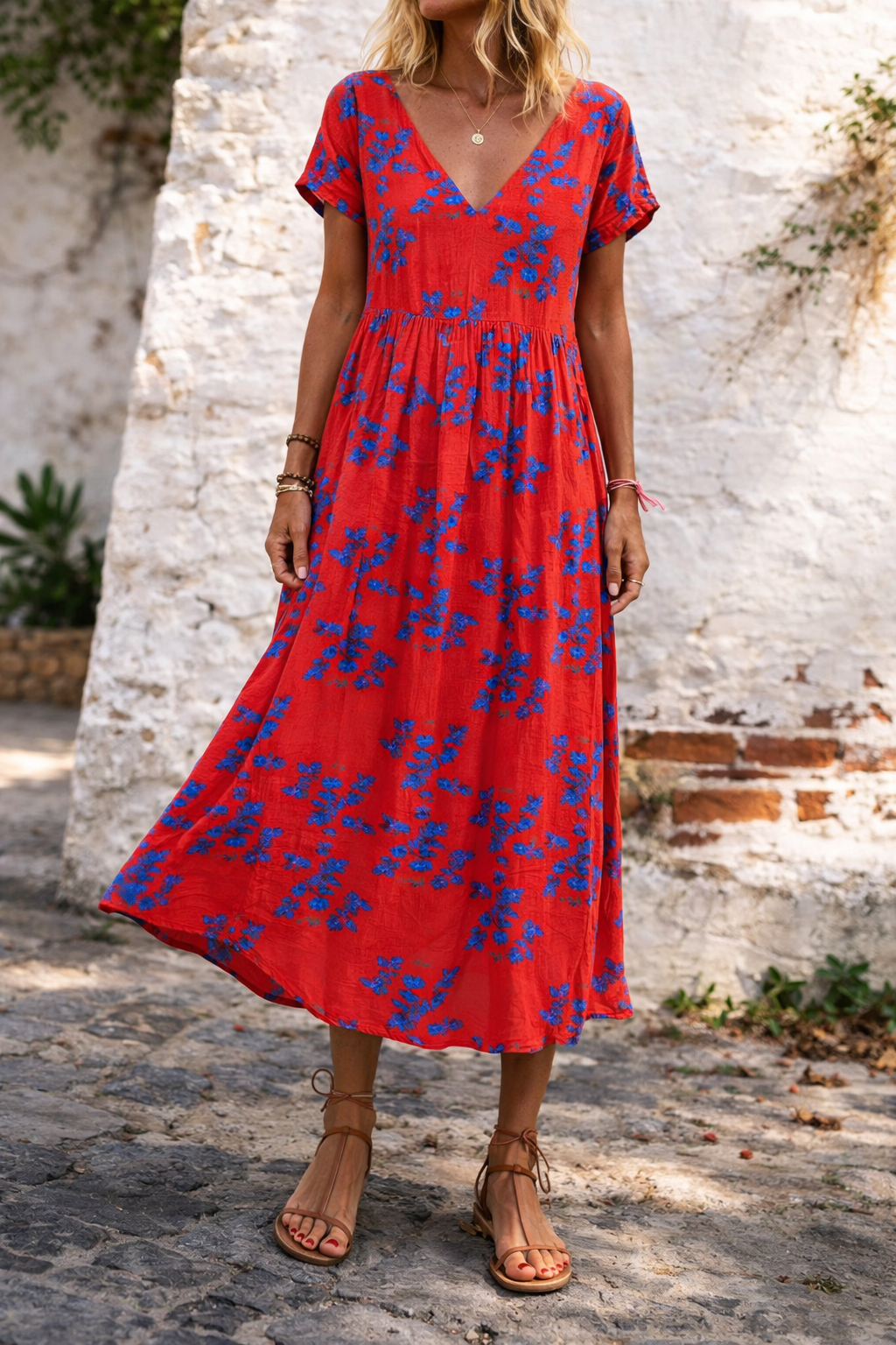 Maxikleid aus Baumwolle mit Blumenmuster und V-Ausschnitt von Andrea Serena