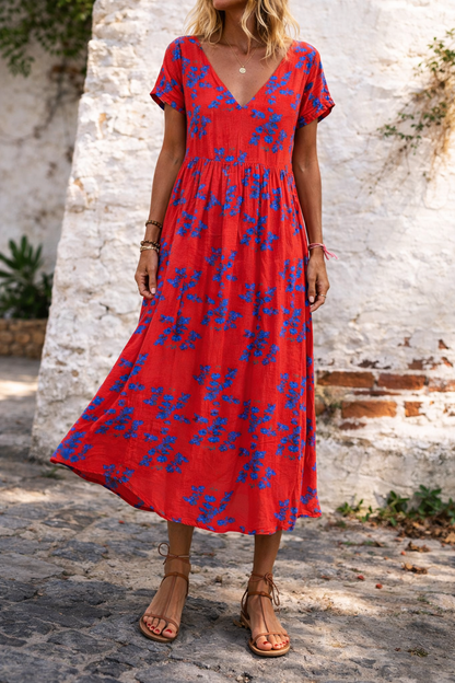 Maxikleid aus Baumwolle mit Blumenmuster und V-Ausschnitt von Andrea Serena
