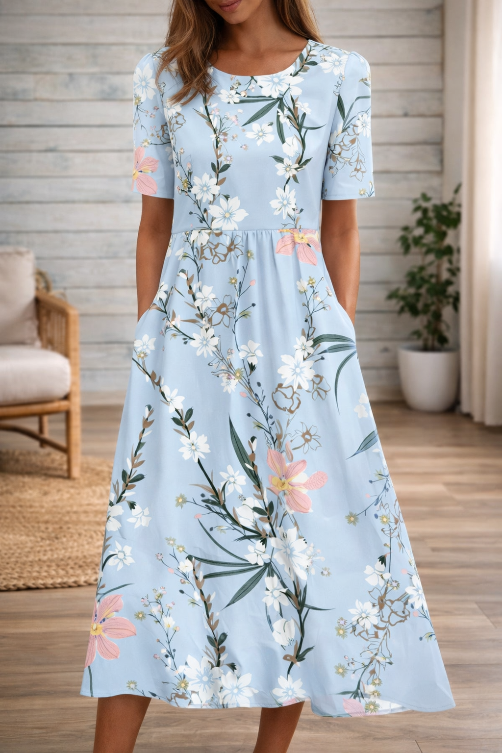 Kleid mit Blumenmuster und Rundhalsausschnitt von Andrea Serena