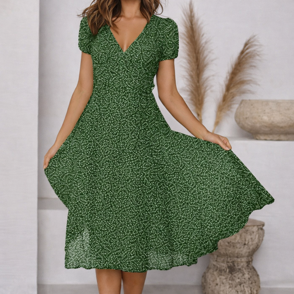 Andrea's™ | Bedrucktes V-Ausschnitt Kurzarm Schnürkleid