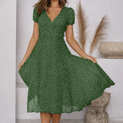 Andrea's™ | Bedrucktes V-Ausschnitt Kurzarm Schnürkleid