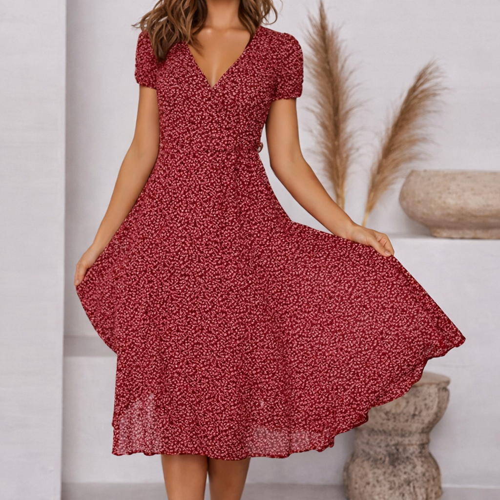 Andrea's™ | Bedrucktes V-Ausschnitt Kurzarm Schnürkleid