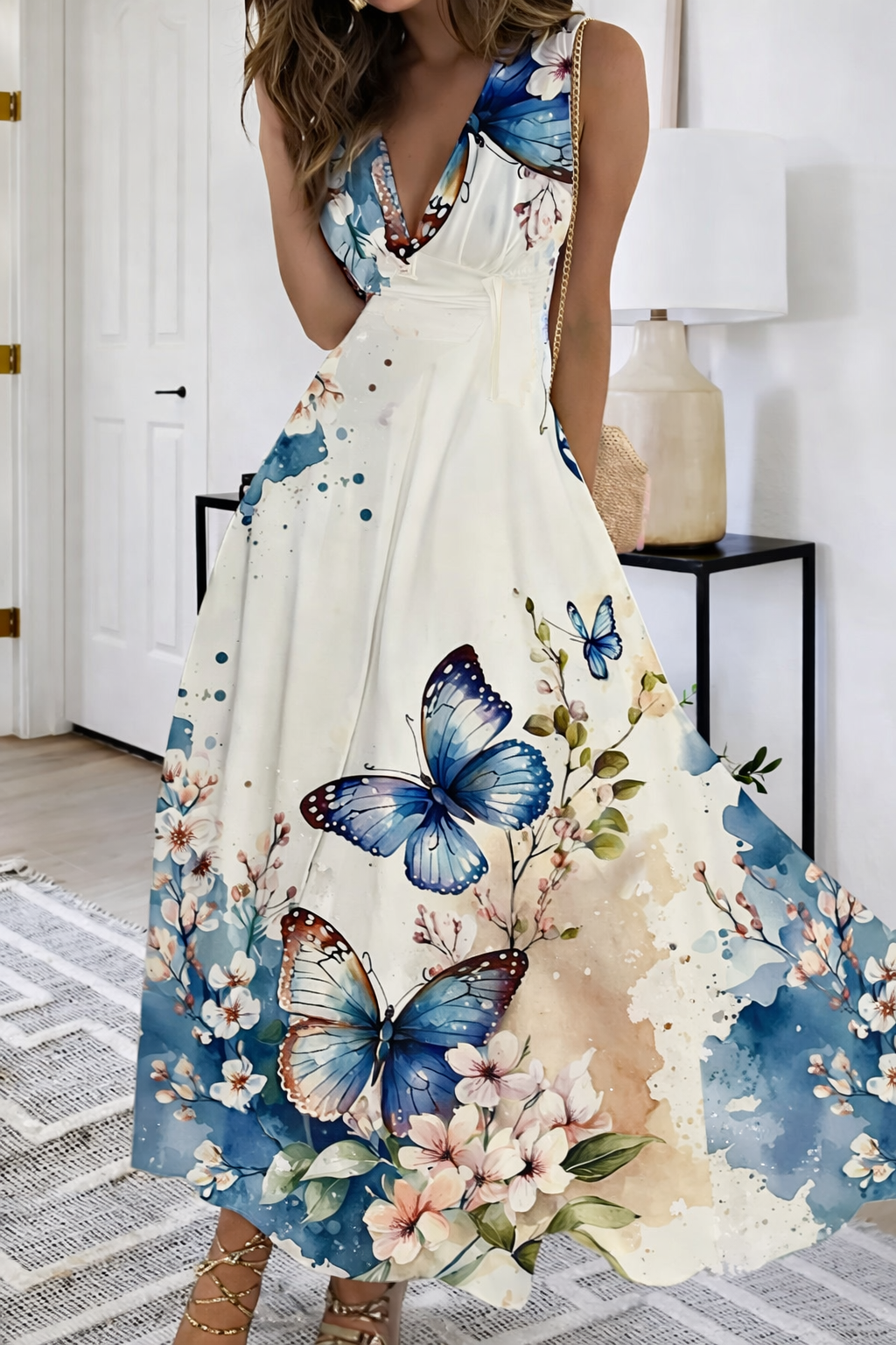 Andrea's™ | Ärmelloses Blumiges V-Ausschnitt Kleid