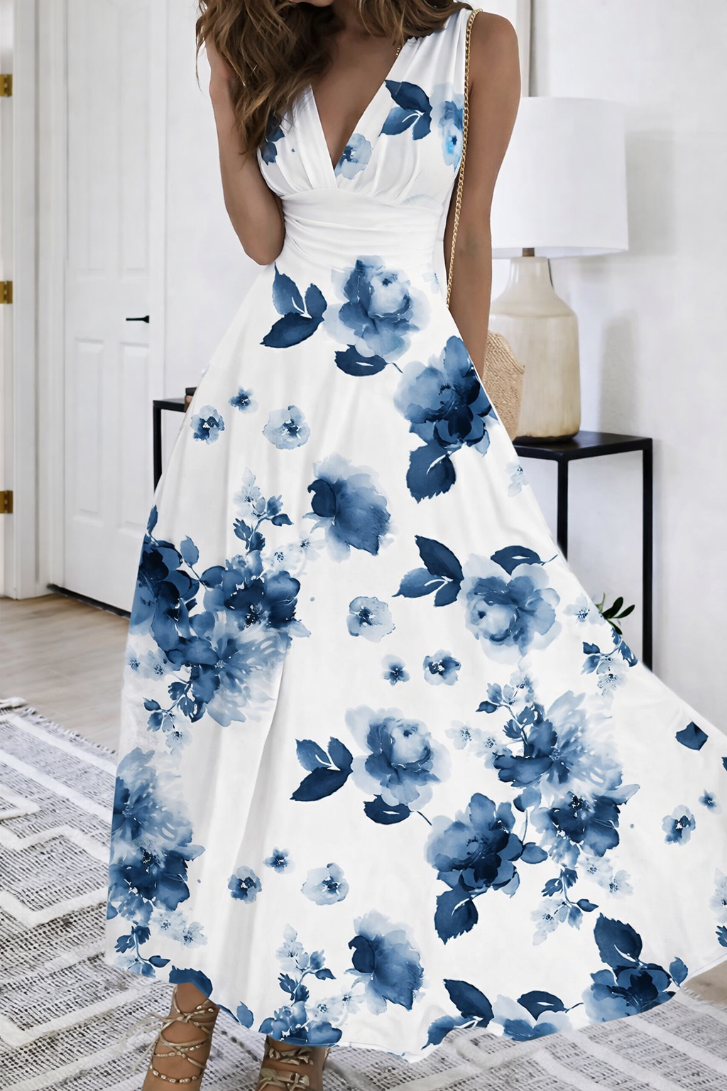 Andrea's™ | Ärmelloses Blumiges V-Ausschnitt Kleid