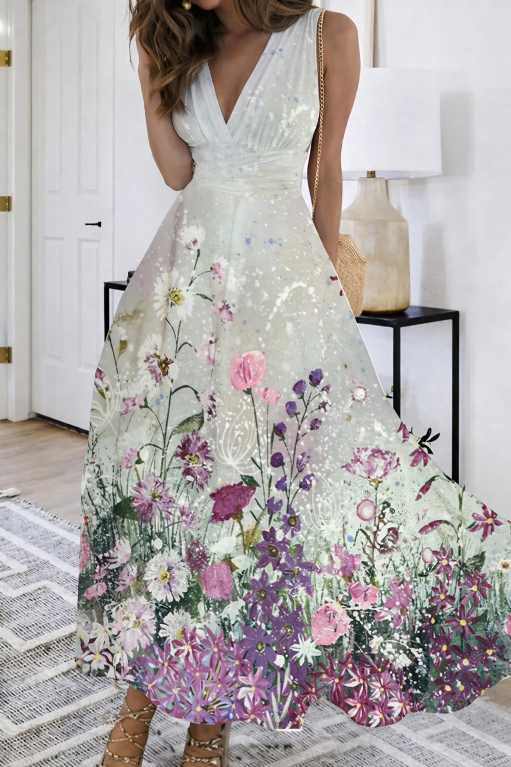 Andrea's™ | Ärmelloses Blumiges V-Ausschnitt Kleid