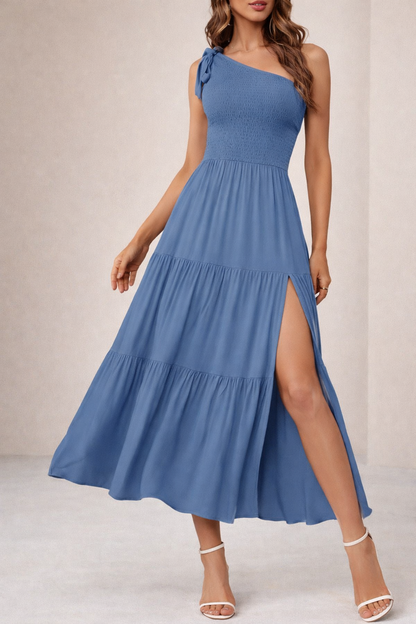 Andrea's™ |  Sommermode Ein-Schulter-Kleid mit plissiertem, geschichtetem Saum, geteilt