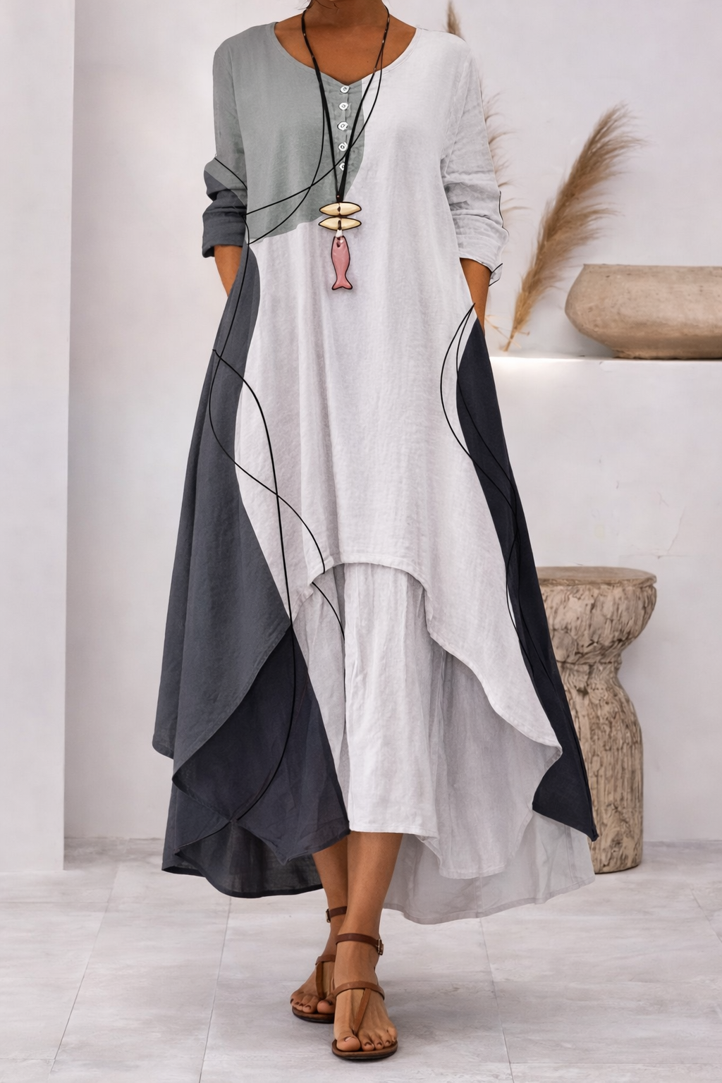 Andrea's™ | Abstraktes bedrucktes Maxikleid mit langen Ärmeln