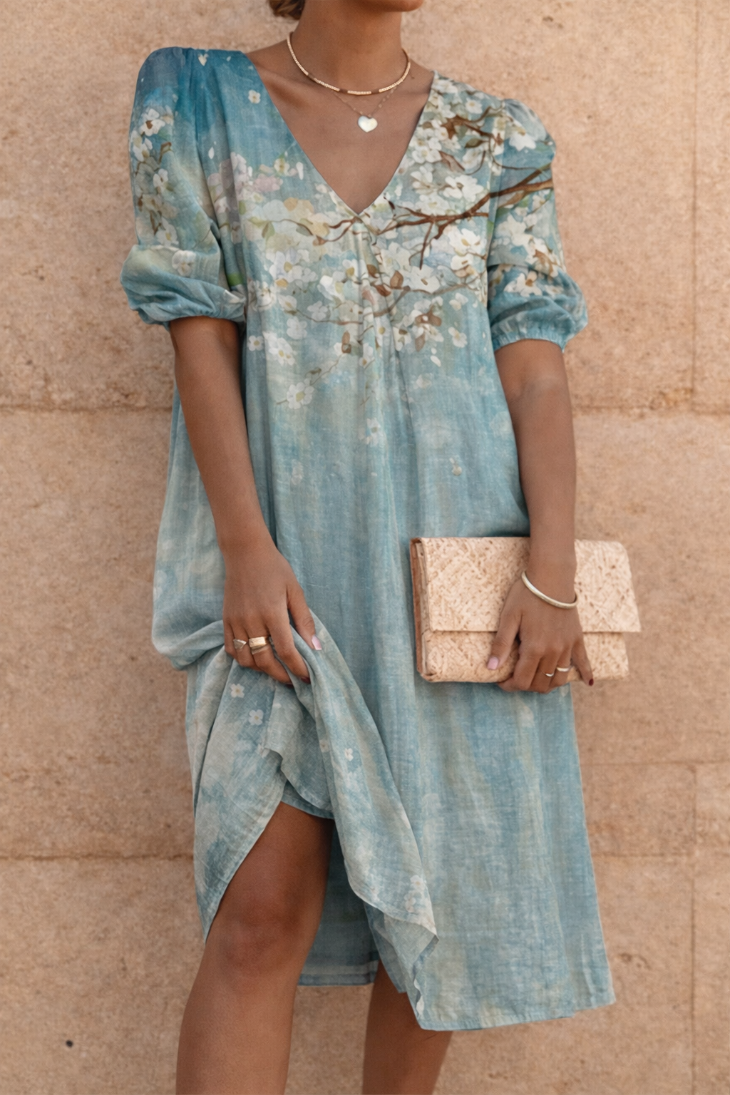 Midikleid mit Blumenmuster und V-Ausschnitt von Andrea Serena