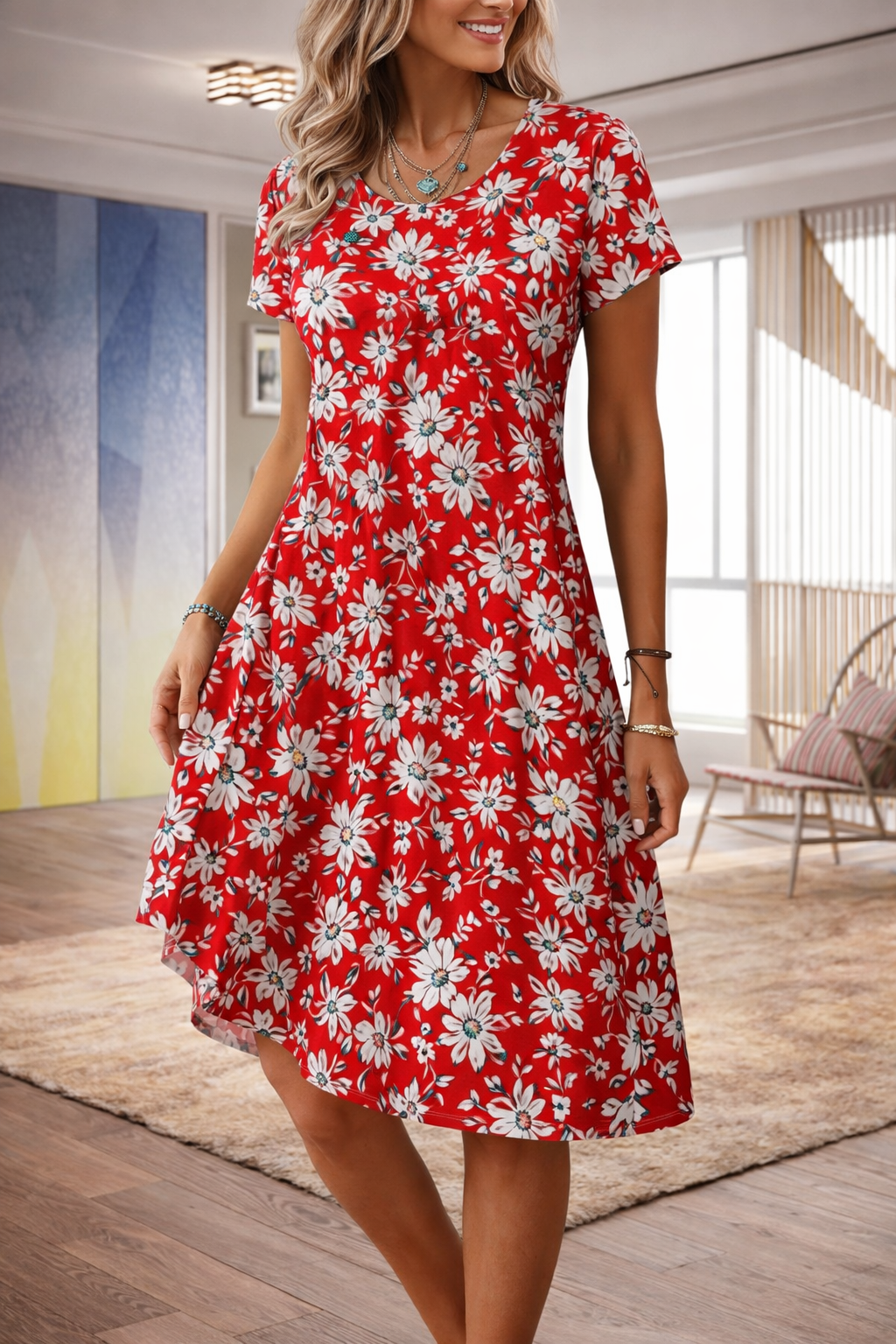 Andrea Serena Sommerkleid mit Blumenmuster und A-Linien-Schnitt