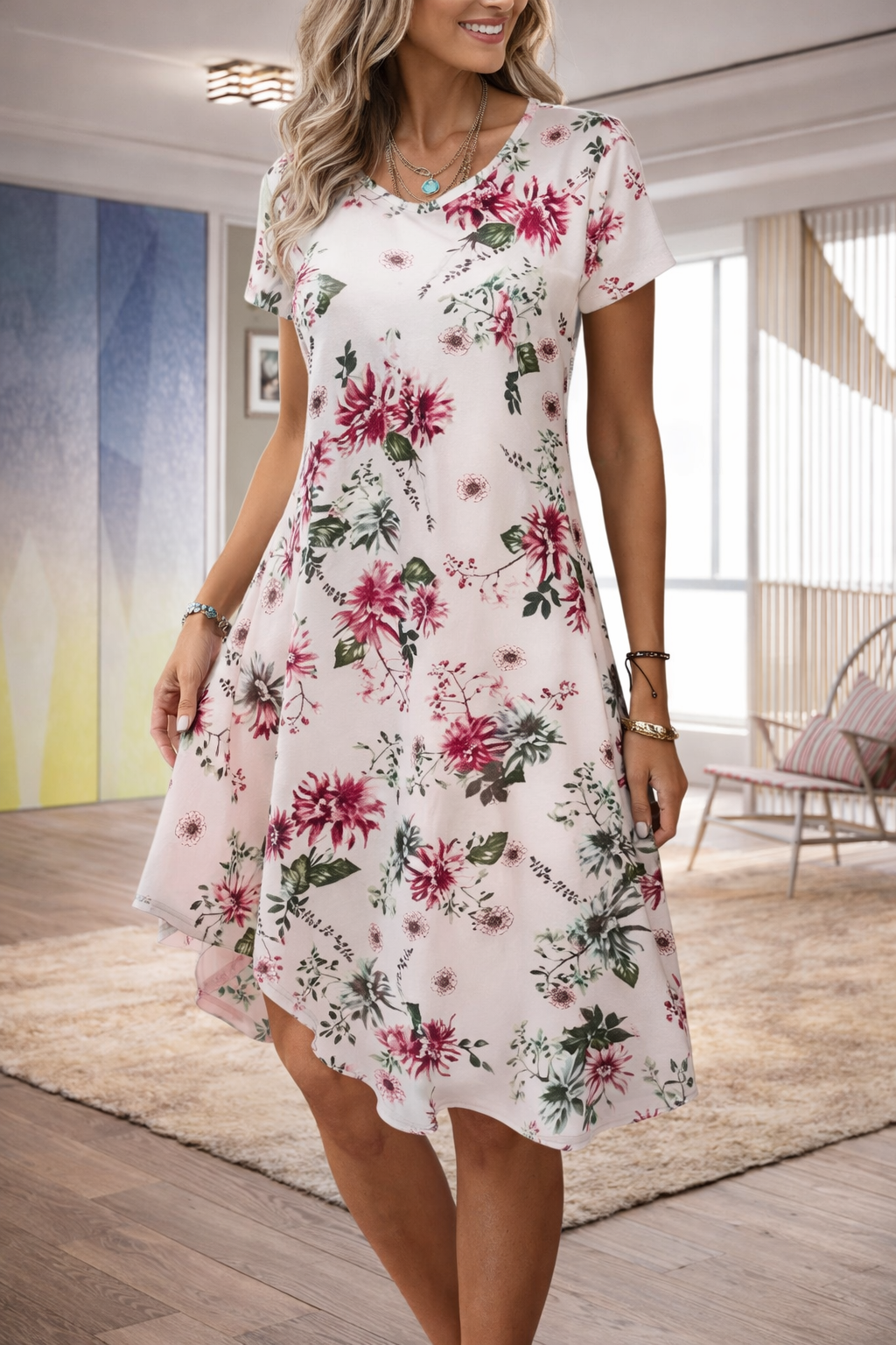 Andrea Serena Sommerkleid mit Blumenmuster und A-Linien-Schnitt