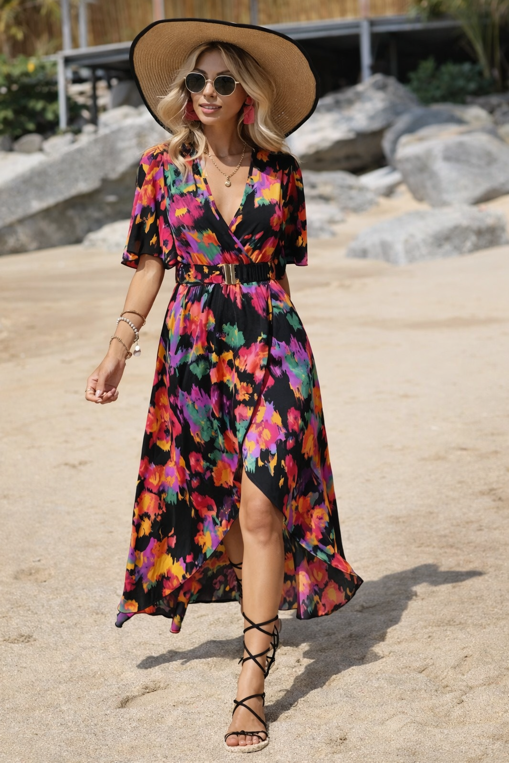 Lebhaftes, asymmetrisches Kleid mit V-Ausschnitt von Andrea Serena