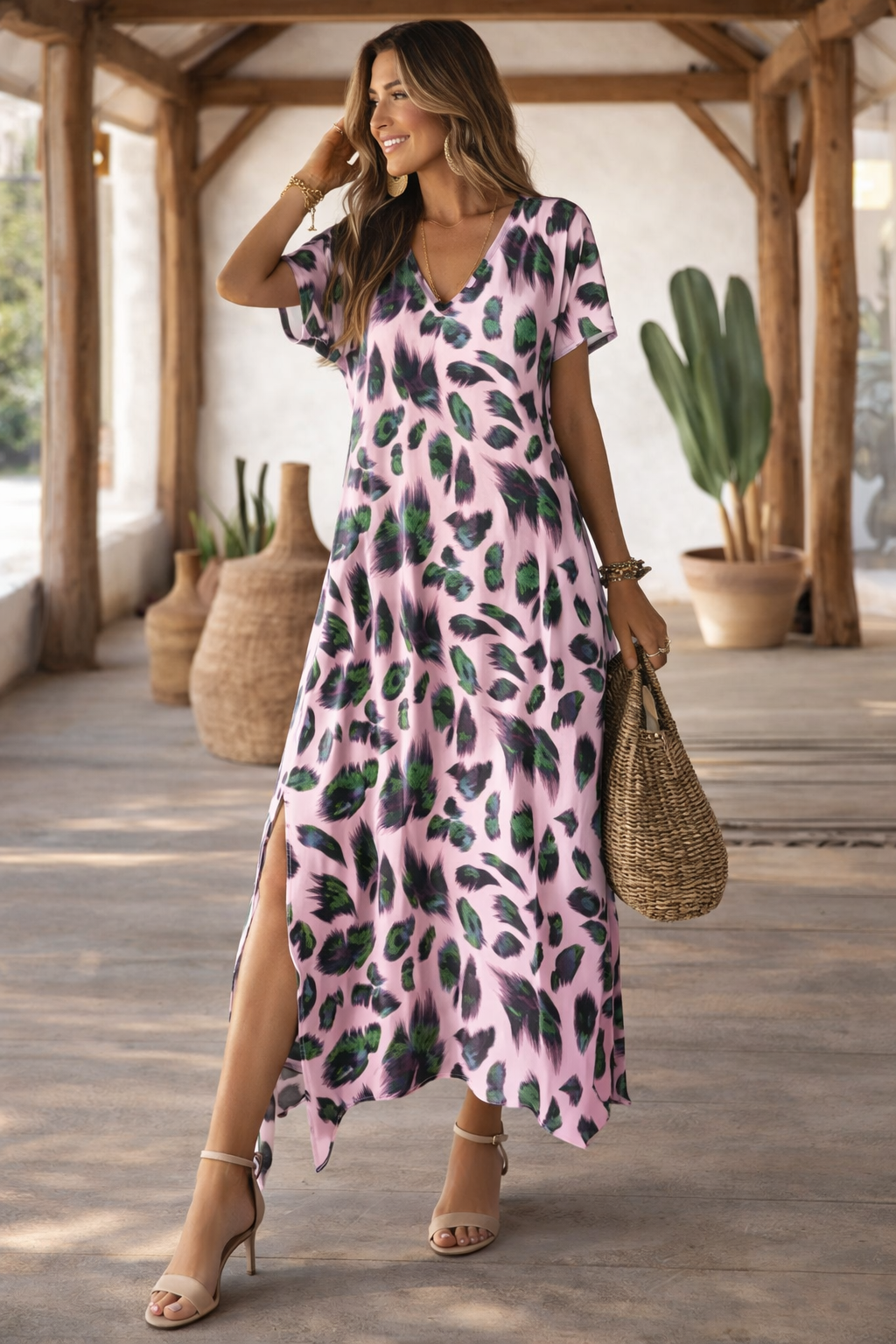 Strahlendes Kleid mit V-Ausschnitt und Schlitz von Andrea Serena