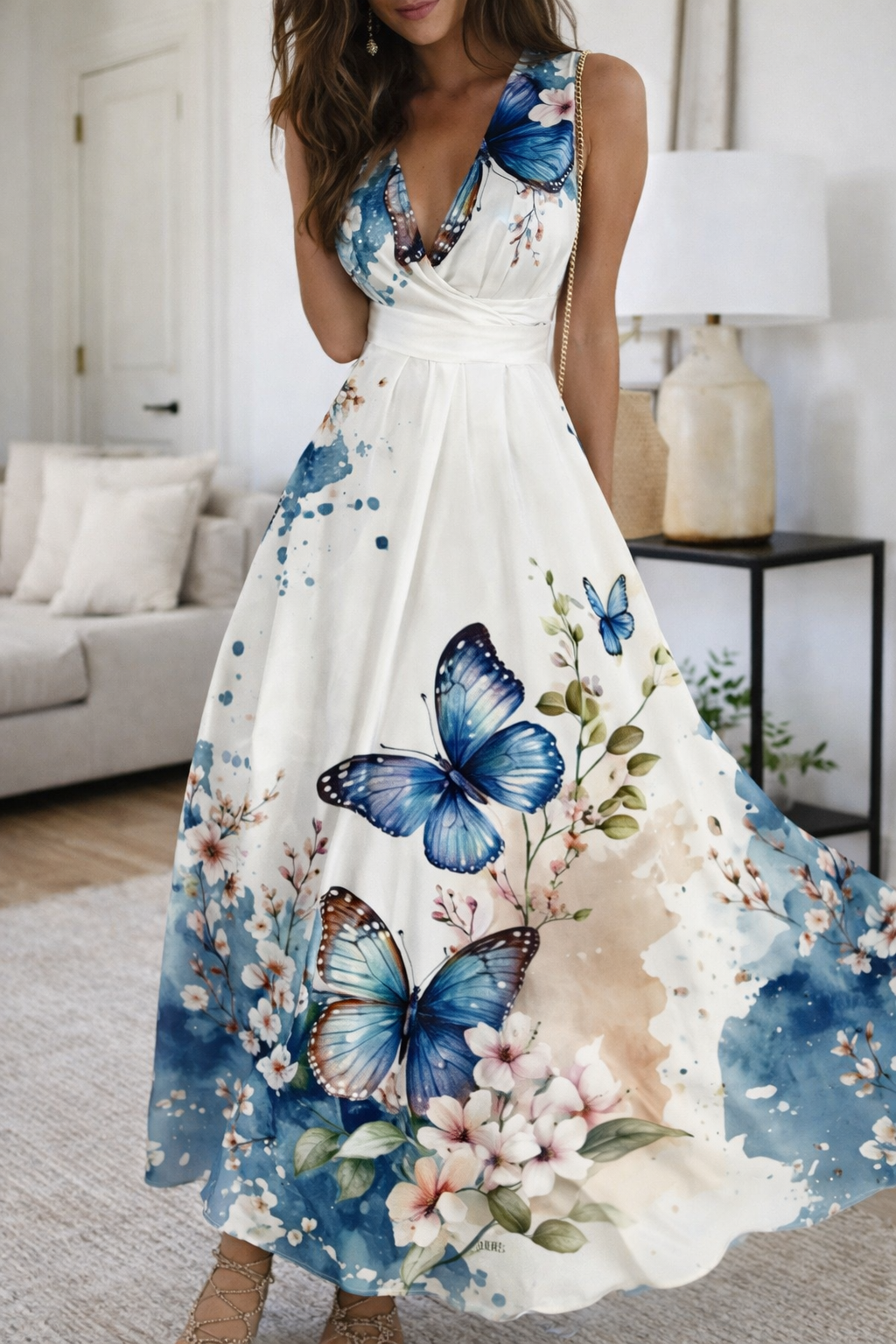 Geblümtes Kleid mit V-Ausschnitt und hoher Taille von Andrea Serena
