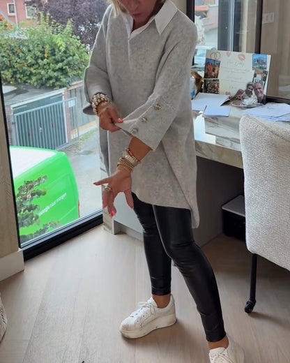 Andrea's™ | Pullover Mit V-Ausschnitt, Geknöpft Und Asymmetrisch Merkmalen