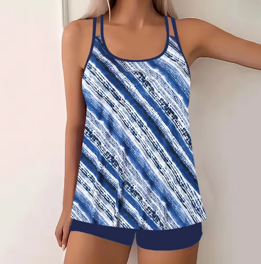 Andrea's™ | Marineblauer Tankini im Batik-Look mit locker fallendem Top und passenden Shorts