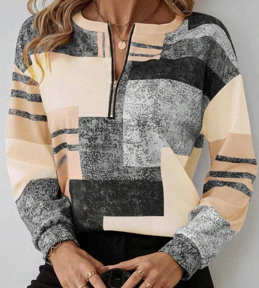 Andrea's™ | Rundhalsausschnitt Halbe Zippe Langarm-Poloshirt Unregelmäßiges Geometrisches Top