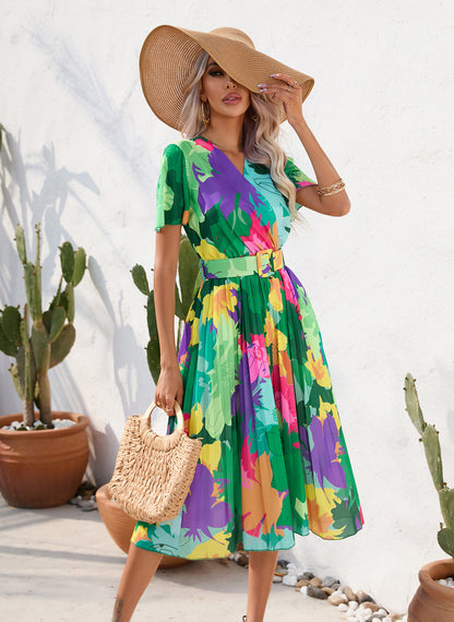 Strahlendes Blumenmuster Andrea Serena Sommer-Midikleid