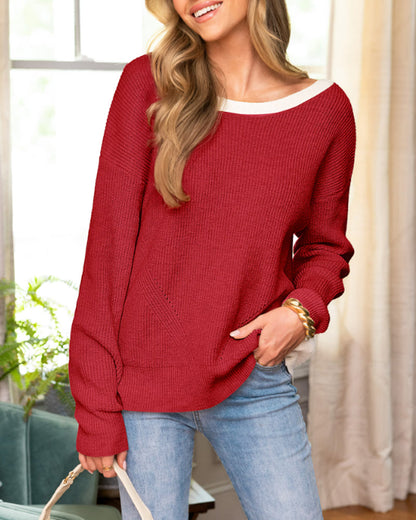 Andrea's™ | Moderner Pullover mit Kontrastfarben-Rundhalsausschnitt