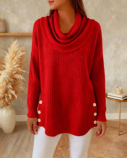 Andrea's™ | Pullover mit drapiertem Kragen und Knopfleiste