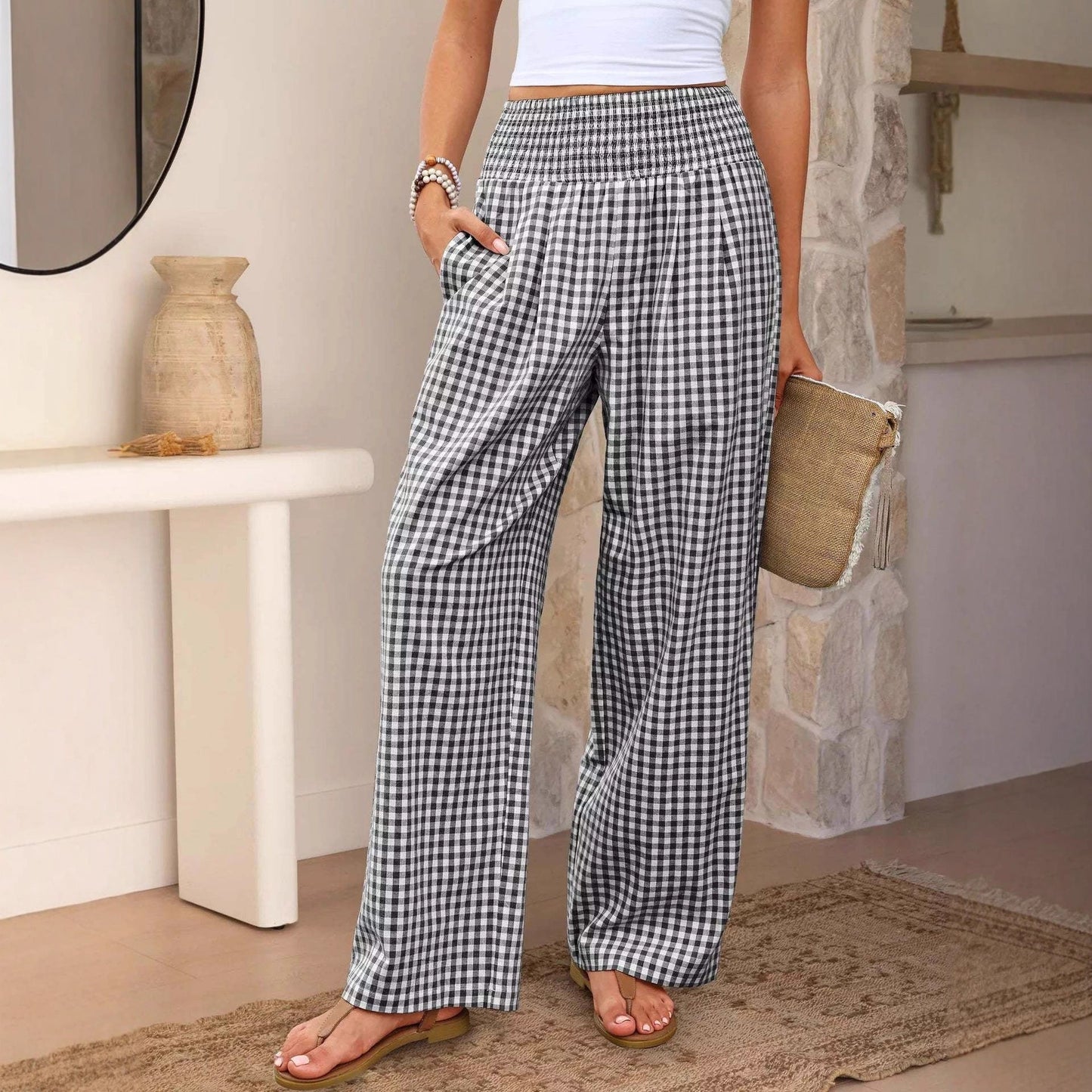 Karierte Freizeithose, locker geschnitten, Damenmode, weite Hose mit Taschen