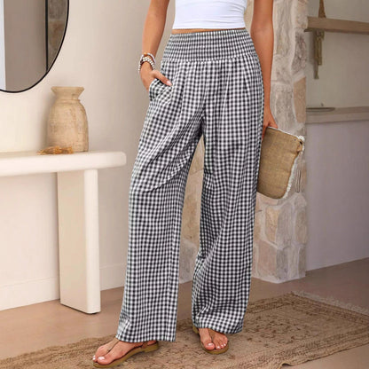 Karierte Freizeithose, locker geschnitten, Damenmode, weite Hose mit Taschen