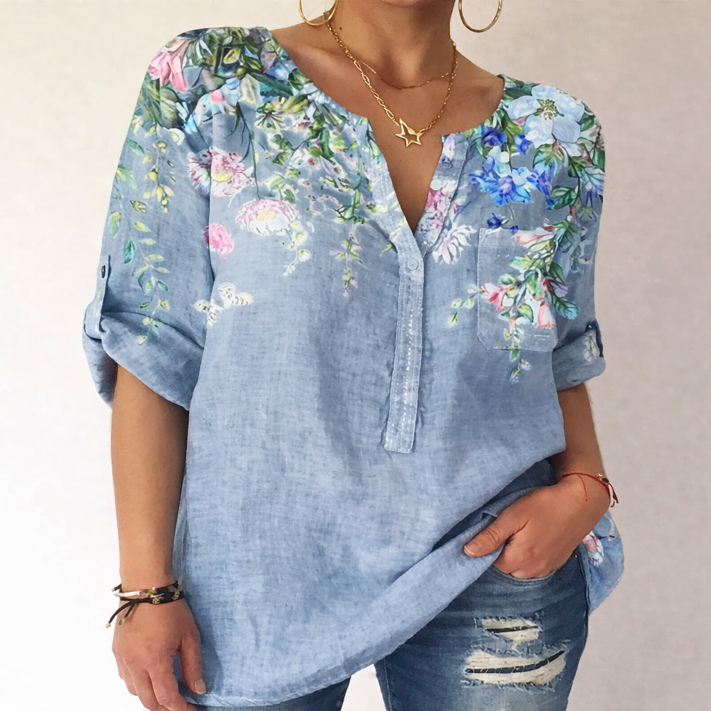 Bedruckte Baumwollbluse mit V-Ausschnitt von Andrea Serena