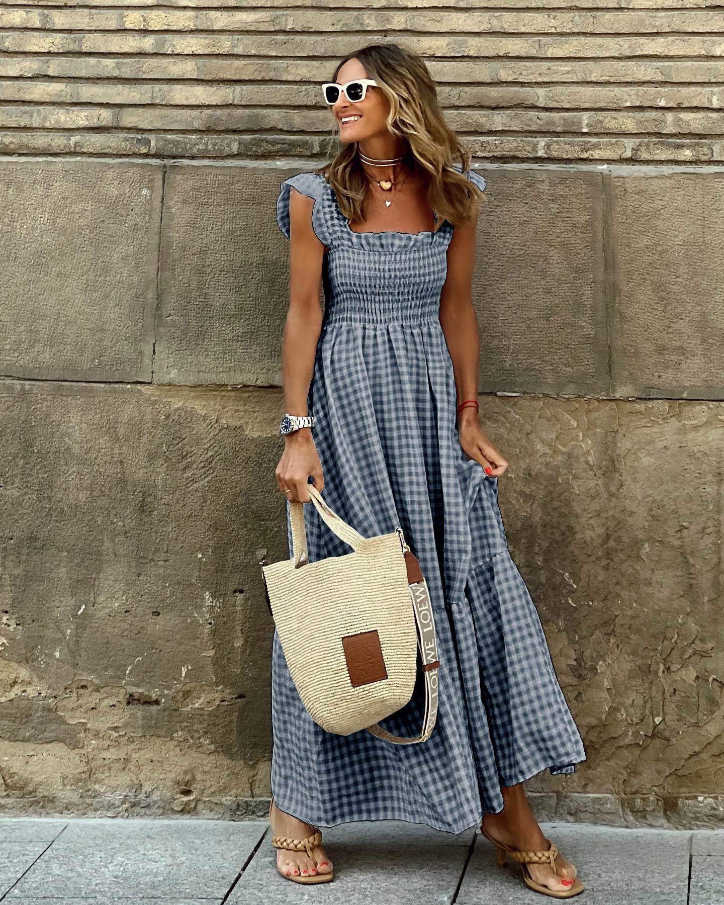 Kariertes Rüschen-Maxikleid von Andrea Serena