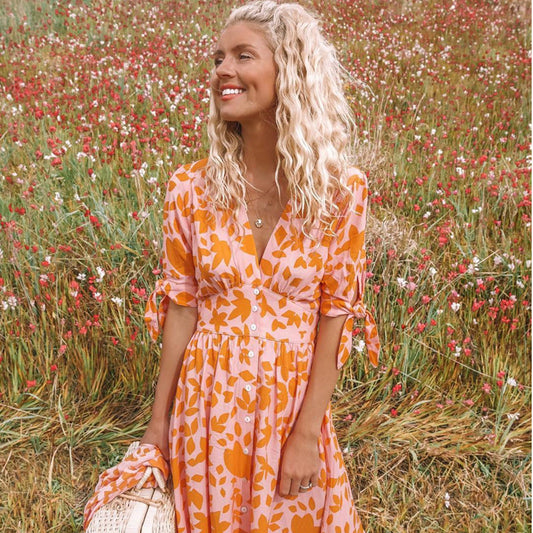 Andrea's™ | Sommerkleid mit Blumenmuster, schmaler Taille und V-Ausschnitt