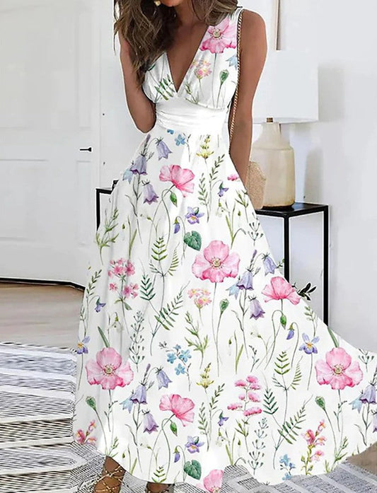Geblümtes Kleid mit V-Ausschnitt und hoher Taille von Andrea Serena