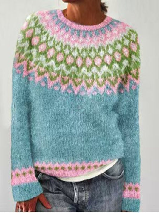 Andrea's™ | Eisblauer Strickpullover mit Rosetten-Rundpasse in Rosa & Salbeigrün