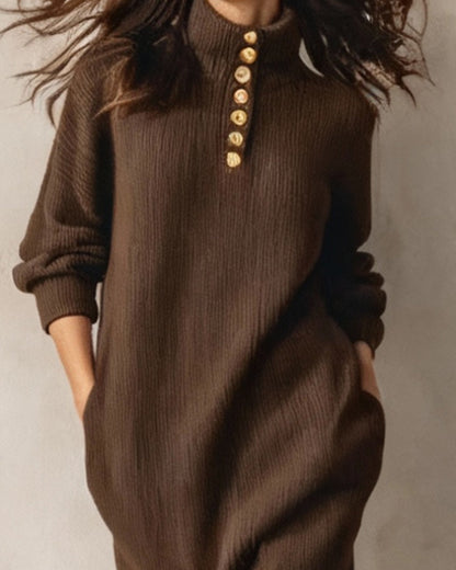 Andrea's™ | Kleid Geknöpft Rollkragen Schlitz Saum