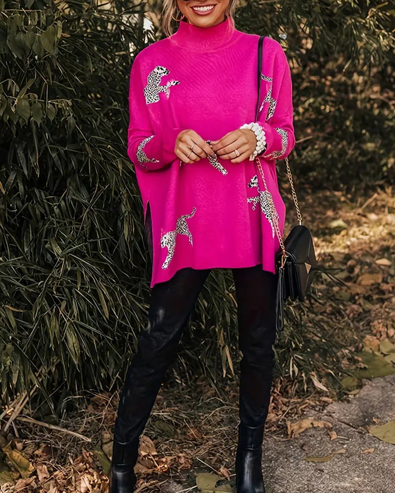 Andrea's™ | Stilvoller, lockerer pullover mit hohem kragen und leopardenmuster