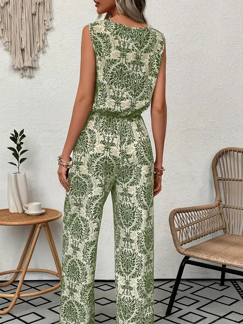 Damen-Set aus bedrucktem, ärmellosem Top und weit geschnittener Hose