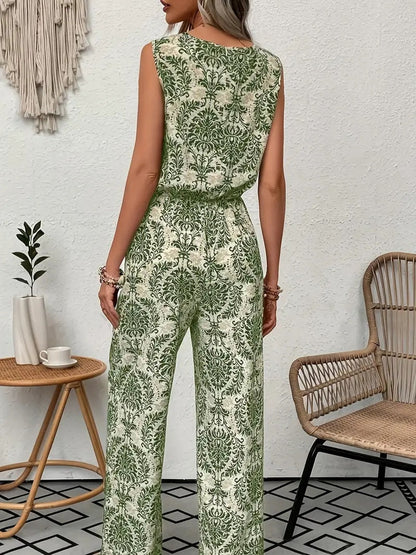 Damen-Set aus bedrucktem, ärmellosem Top und weit geschnittener Hose