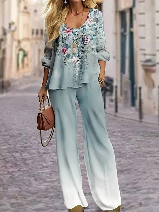 Andrea's™ | Bedruckter Rundhalsausschnitt Hose mit Knöchelband Zweiteiliges Set