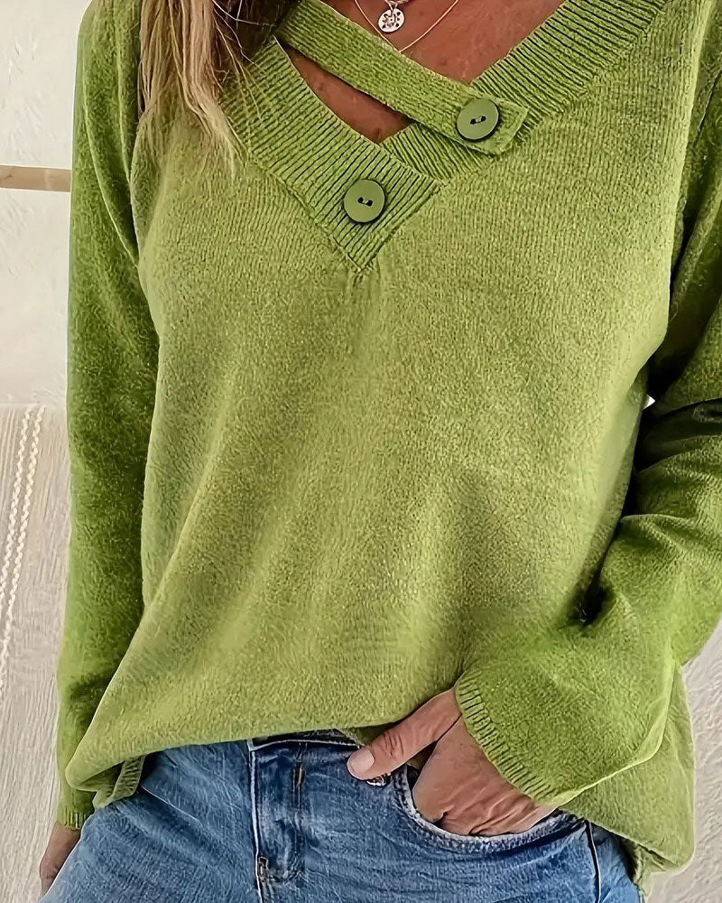 Andrea's™ | Pullover V-Ausschnitt Knopf unifarben