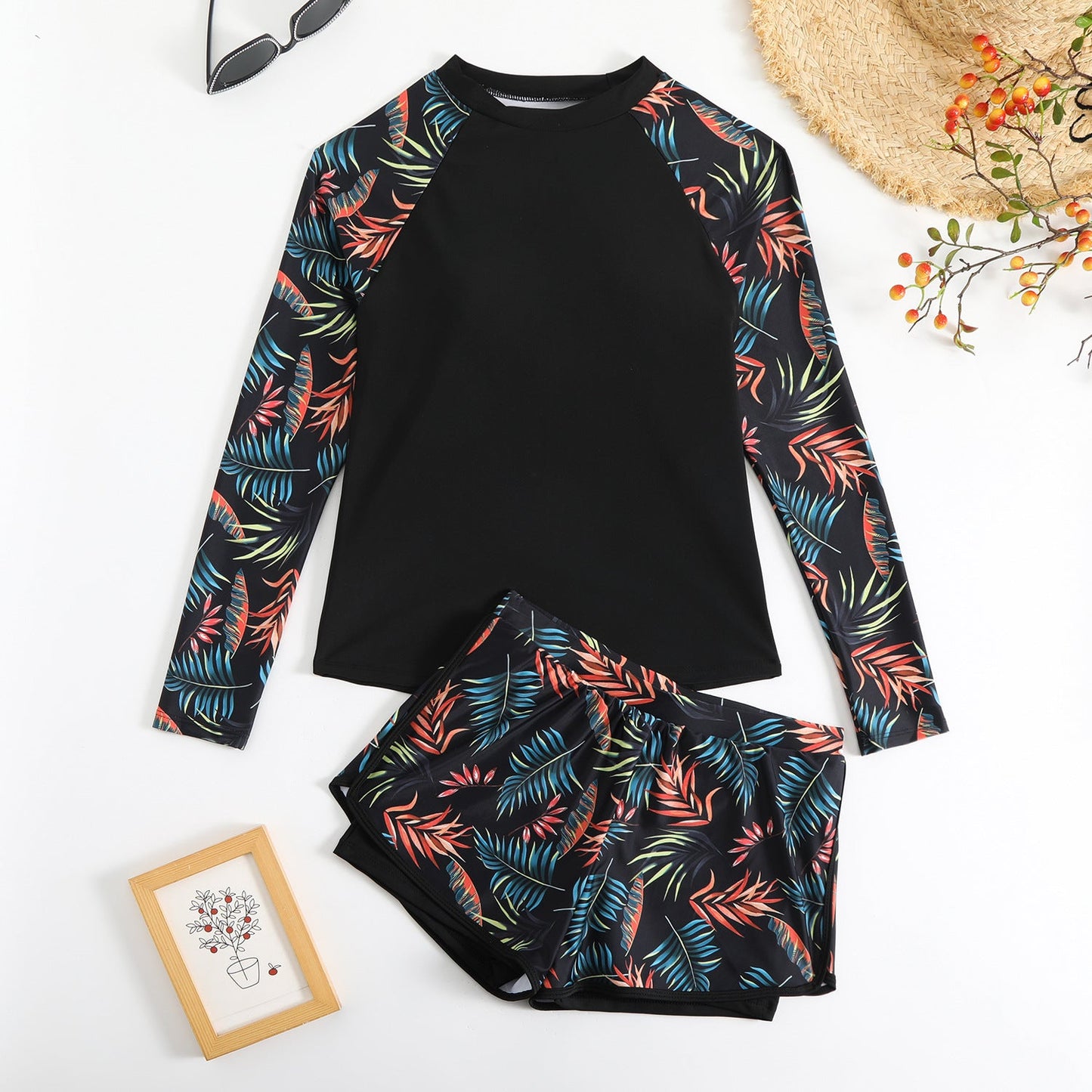 Andrea Serena Tankini-Set mit Blätterprint und langen Ärmeln