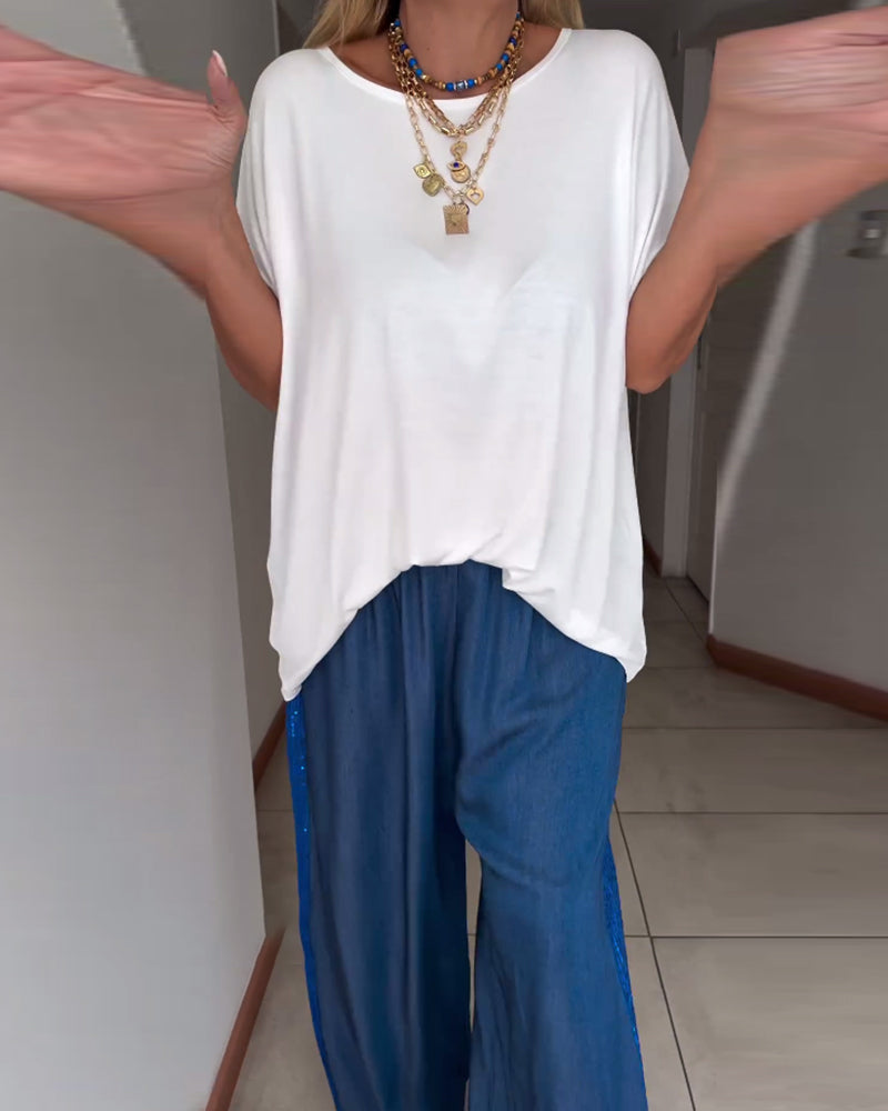 Andrea's™ | Einfarbiges kurzarm-t-shirt mit rundhalsausschnitt