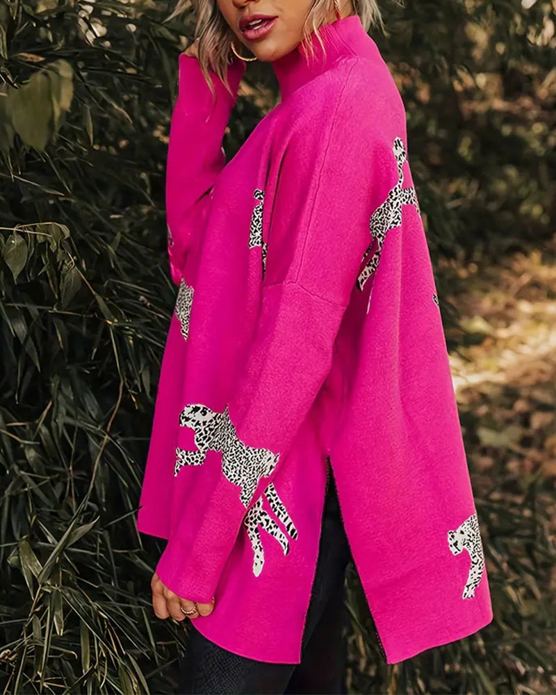 Andrea's™ | Stilvoller, lockerer pullover mit hohem kragen und leopardenmuster