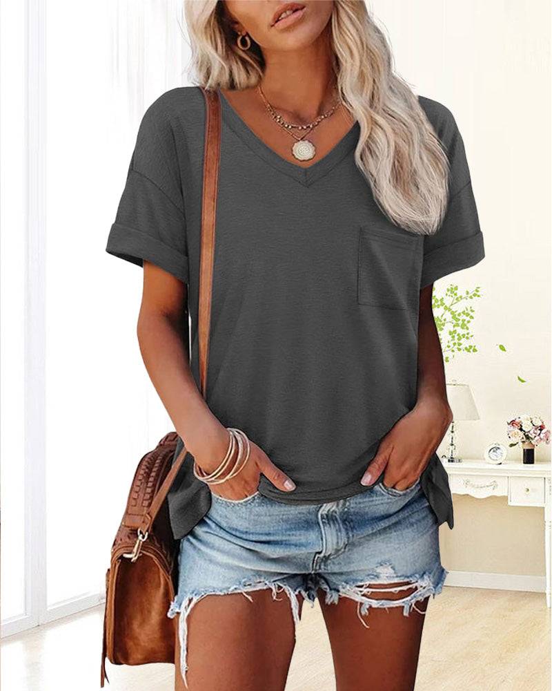 Andrea's™ | Einfarbiges Kurzarm-T-Shirt mit V-Ausschnitt und Tasche