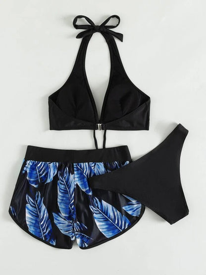 Andrea's™ | 3-teiliges Bikini-Set mit Blätterdruck und Shorts
