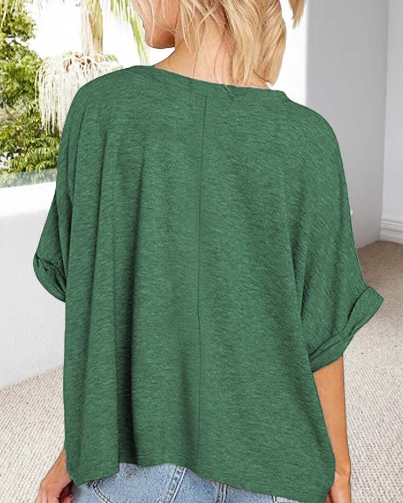 Andrea's™ | T-Shirt V-Ausschnitt Gerollter Saum Kurzärmlig Weit