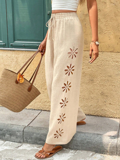 Elegante Andrea Serena Hose mit Blumenmuster, Cut-outs und Kordelzug