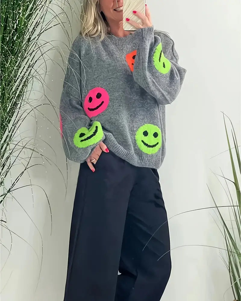 Andrea's™ | Sweater mit Smiley und Rundhalsausschnitt