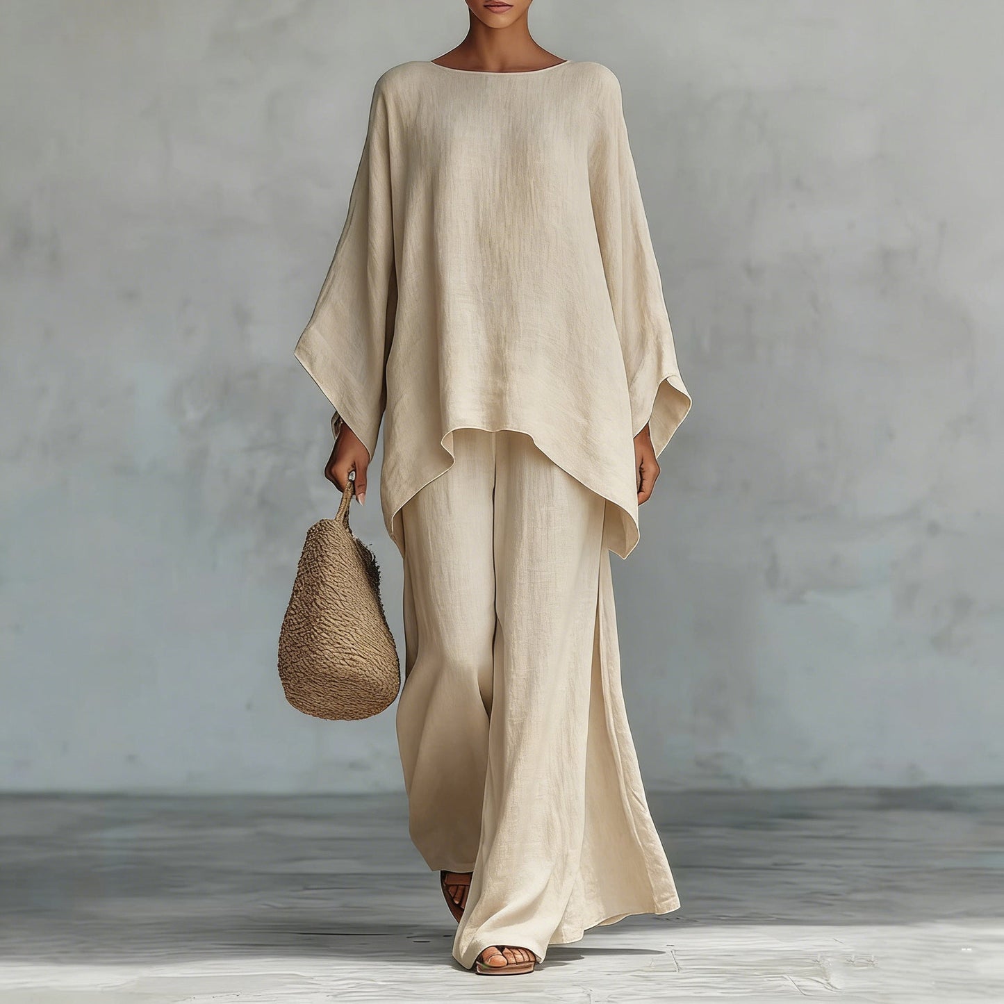 Minimalistisches Damen-Set aus locker sitzendem Oberteil und weit geschnittener Hose