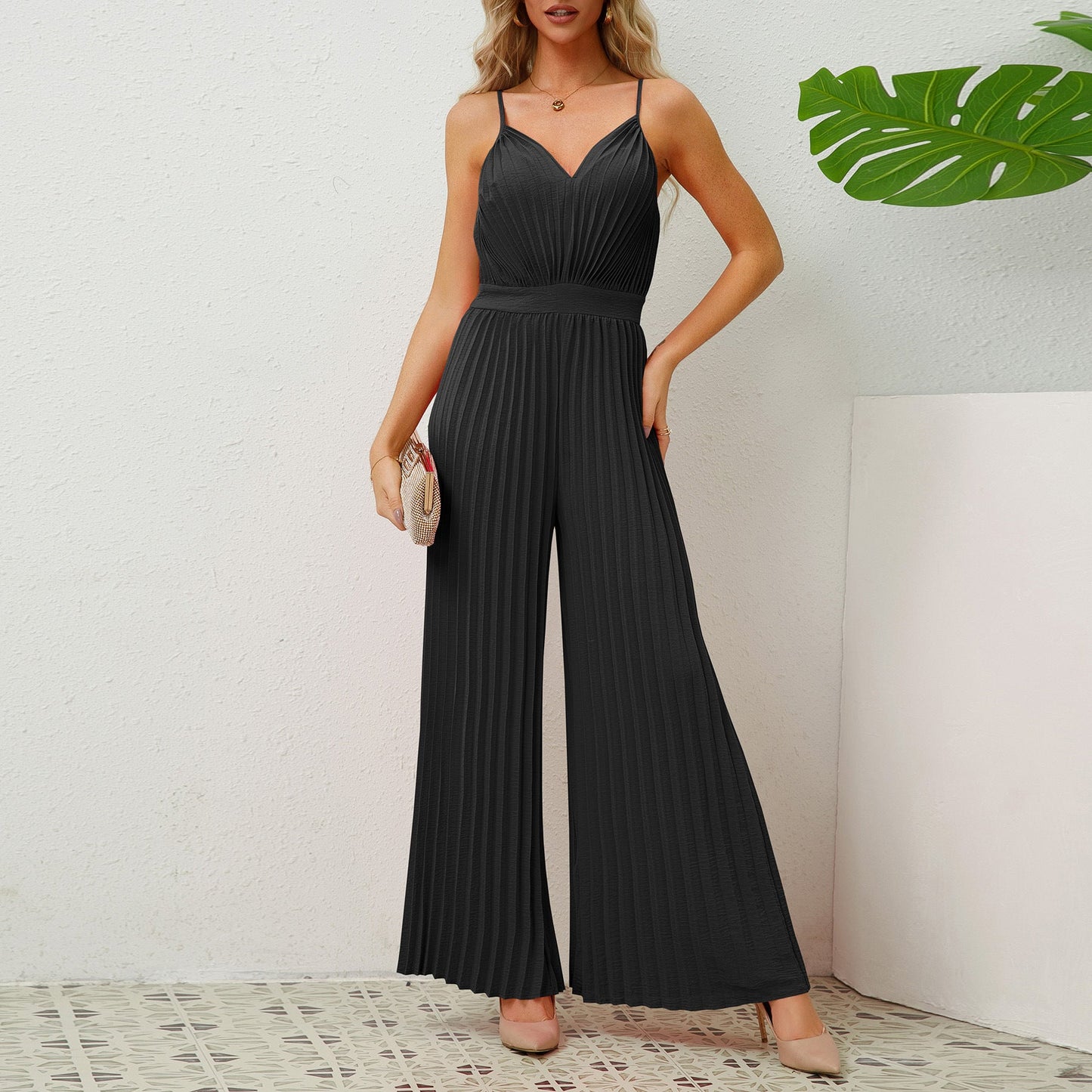 Jumpsuit mit V-Ausschnitt, Trägern, Falten, einfarbig, lockere, gerade Hose, Damenbekleidung