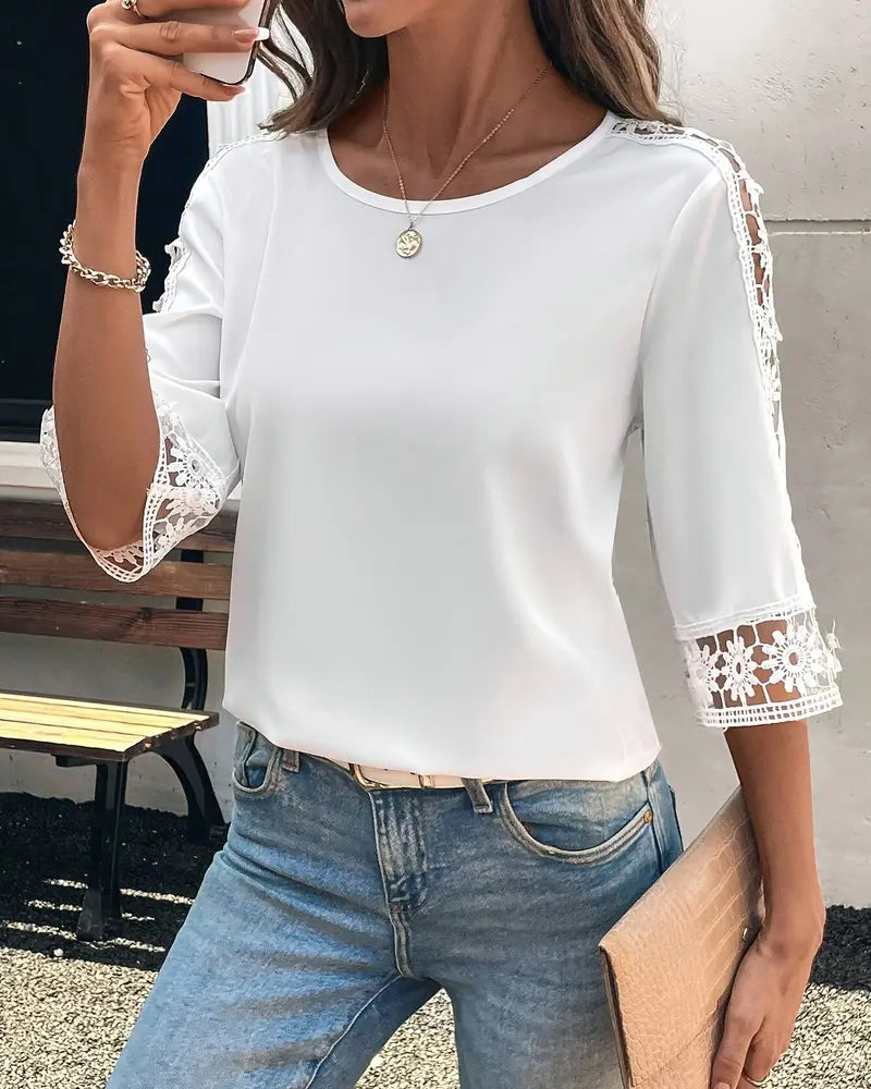 Andrea's™ | T-Shirt Einfarbig Loch Haken Patchwork