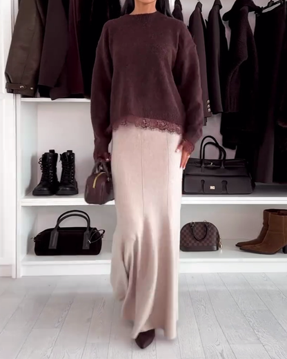 Andrea's™ | Pullover mit Spitzenpanel und Rundhalsausschnitt