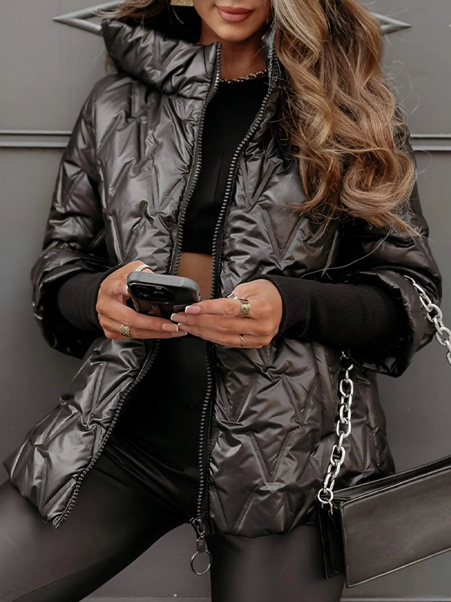 Andrea's™ | Damen Metallic-Steppjacke mit Kapuze